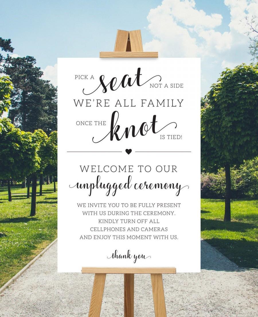 Hochzeit - Choose a Seat Not a Side Unplugged Ceremony Sign, Wedding Welcome Sign, Pick a Seat Not a Side, Black on White Calligraphy, INSTANT DOWNLOAD