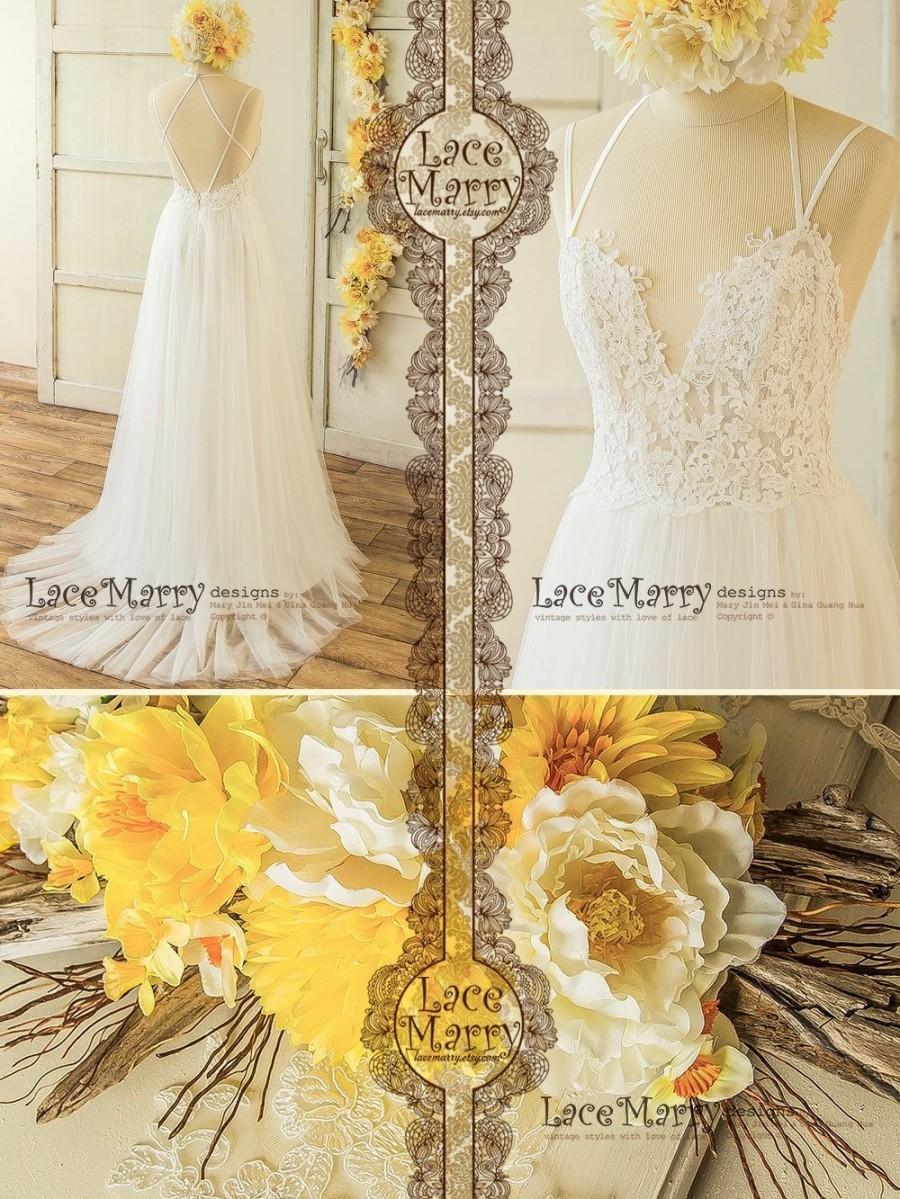 Mariage - Summer Boho Wedding Dress with Criss Cross Straps Featuring Sheer Bodice with Deep Sweetheart Neckline, Open Back and Airy Tulle ALine Skirt