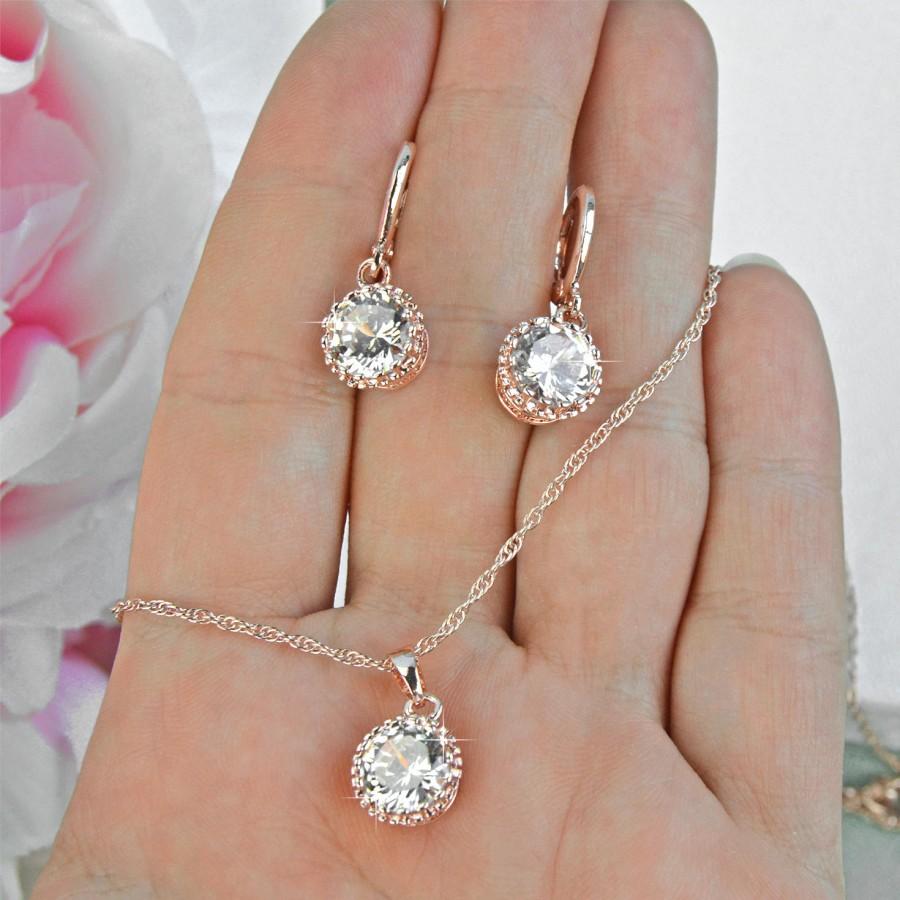 زفاف - Rose Gold Necklace & Earrings Set, Round Crystal Pendant, Bridesmaid Gift, Bridal Jewelry Set, Wedding Favor, Prom, ENS-020