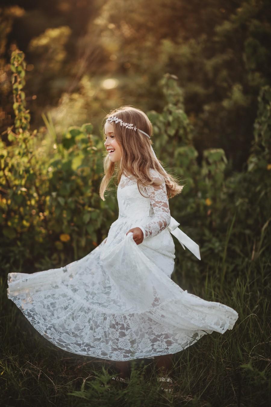 Hochzeit - Bohemian girls dress dress,Lace girls dress,Maxi Dress,White boho dress,junior bridesmaid,toddler dress,long sleeve flower girl dress