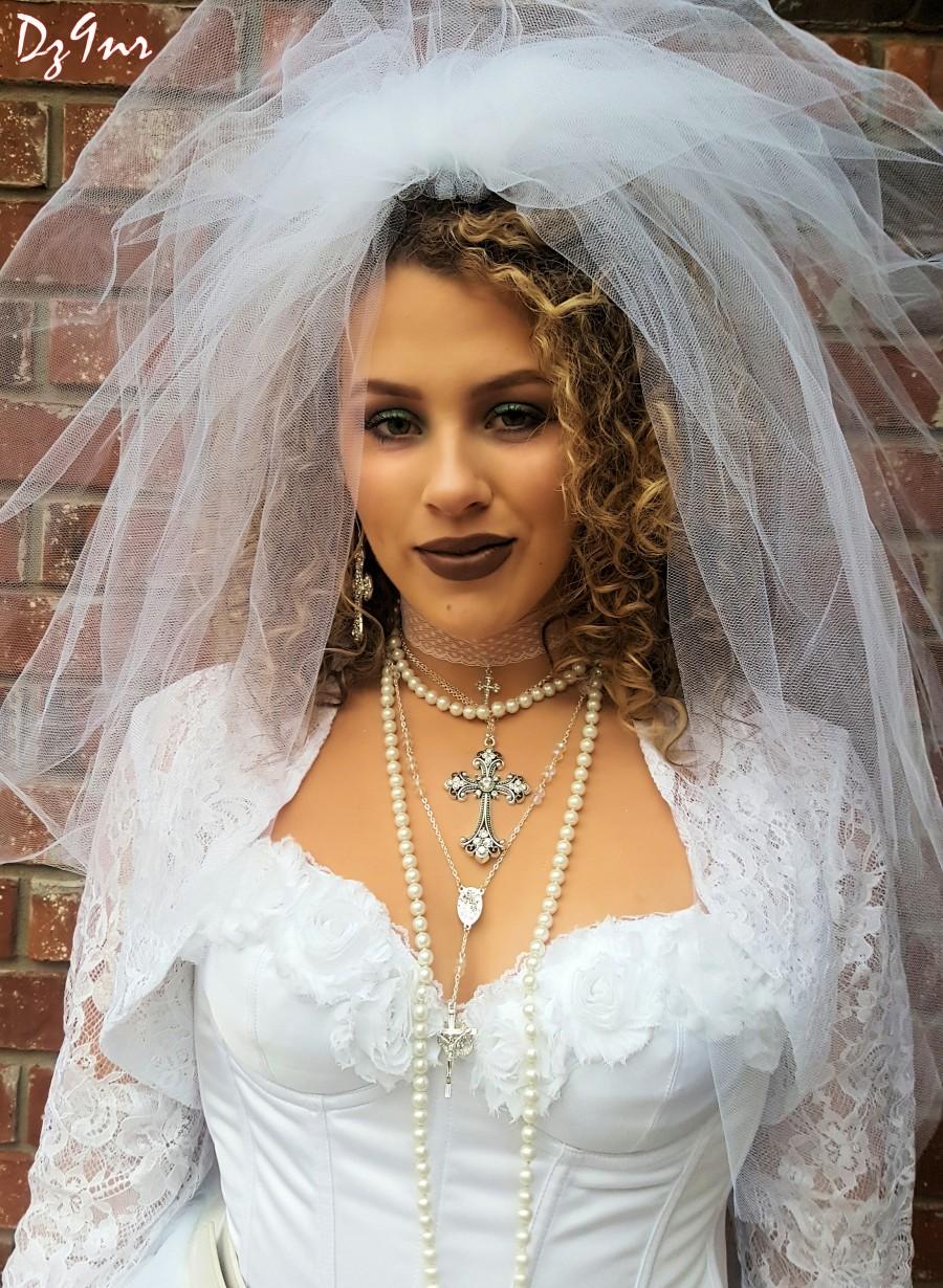 Mariage - White Lace Choker w Crystal Cross Pendant~ Madonna Like a Virgin Costume Accessories~ 80s Jewelry~ 80's Wedding Jewelry~ Bridal Choker