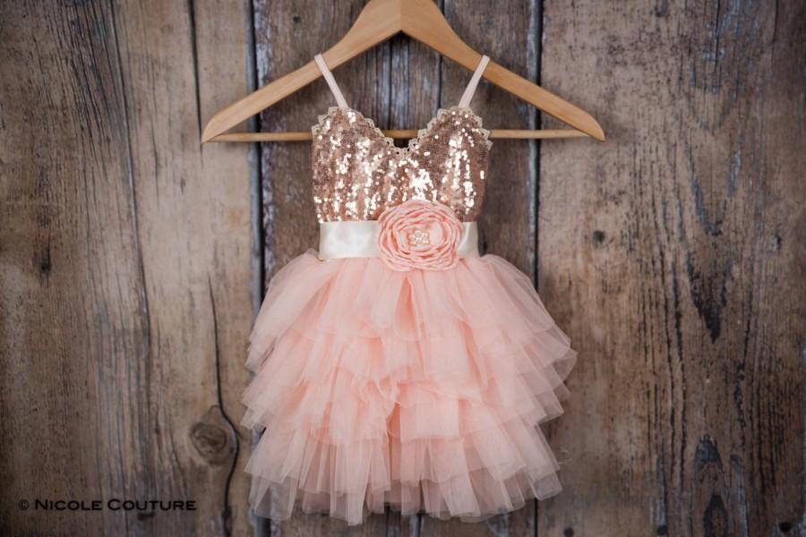 Mariage - Girls Rose Gold Sequin Dress, Blush Pink Tulle Flower Girl Gown, Bohemian Birthday Girl Party, Cake Smash, Infant Boho Chic Beach, Preteen