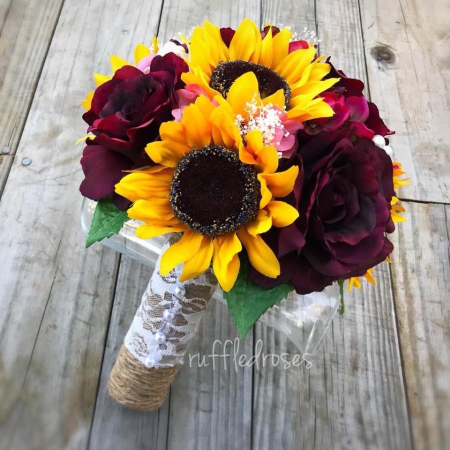 Wedding - Sunflower Bouquet, Rustic Bouquet, Wine and Sunflower Bouquet, Marsala Sunflower Bouquet, Bridal Bouquet