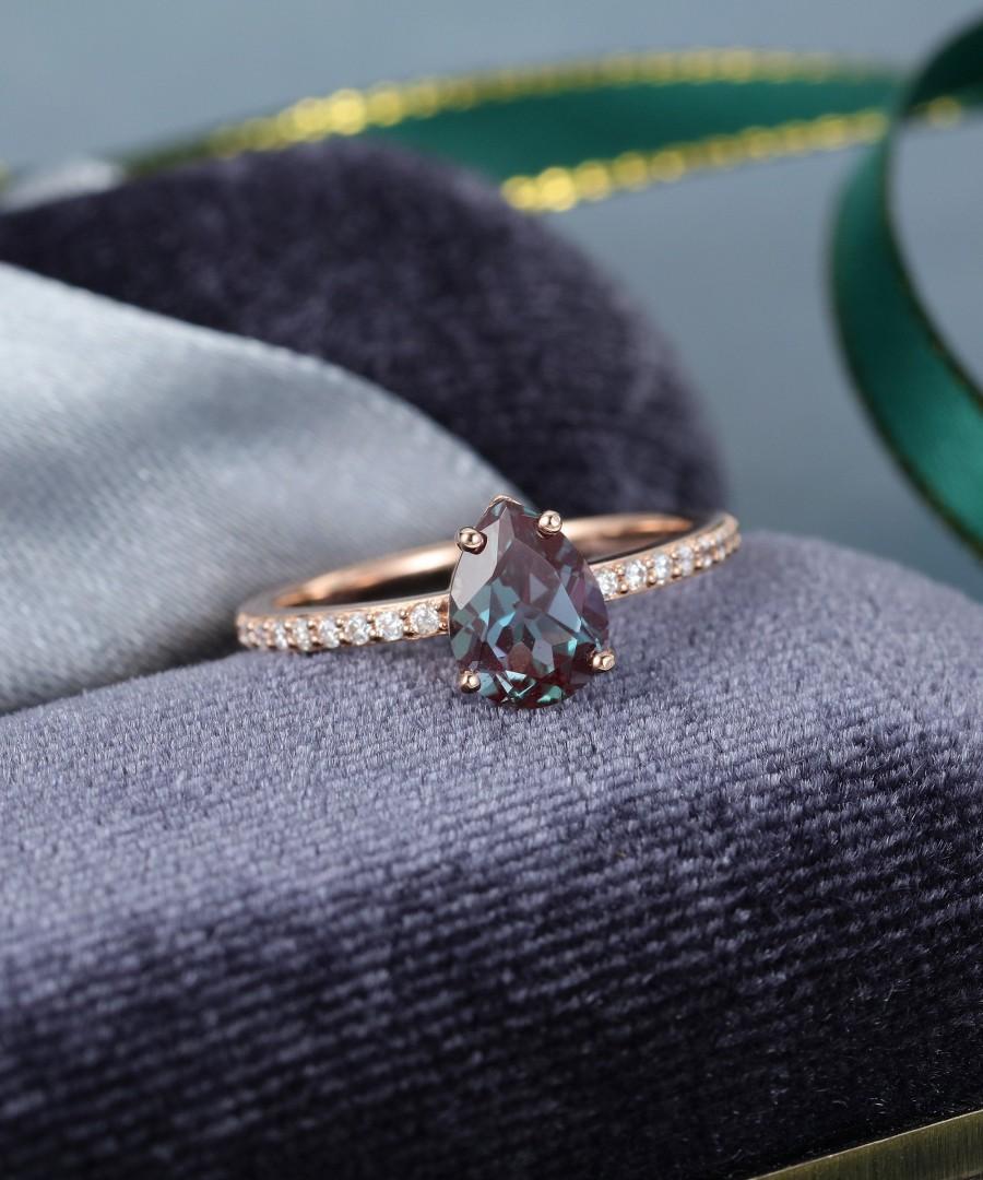 Свадьба - Alexandrite engagement ring vintage Rose Gold engagement ring pear shape cut Moissanite wedding women Bridal Anniversary gift for her