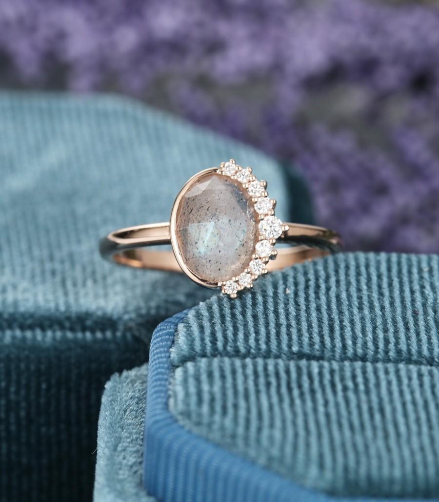 Свадьба - Labradorite engagement ring rose gold unique engagement ring for women Oval rose cut Labradorite ring halo diamond Bridal vintage jewelry