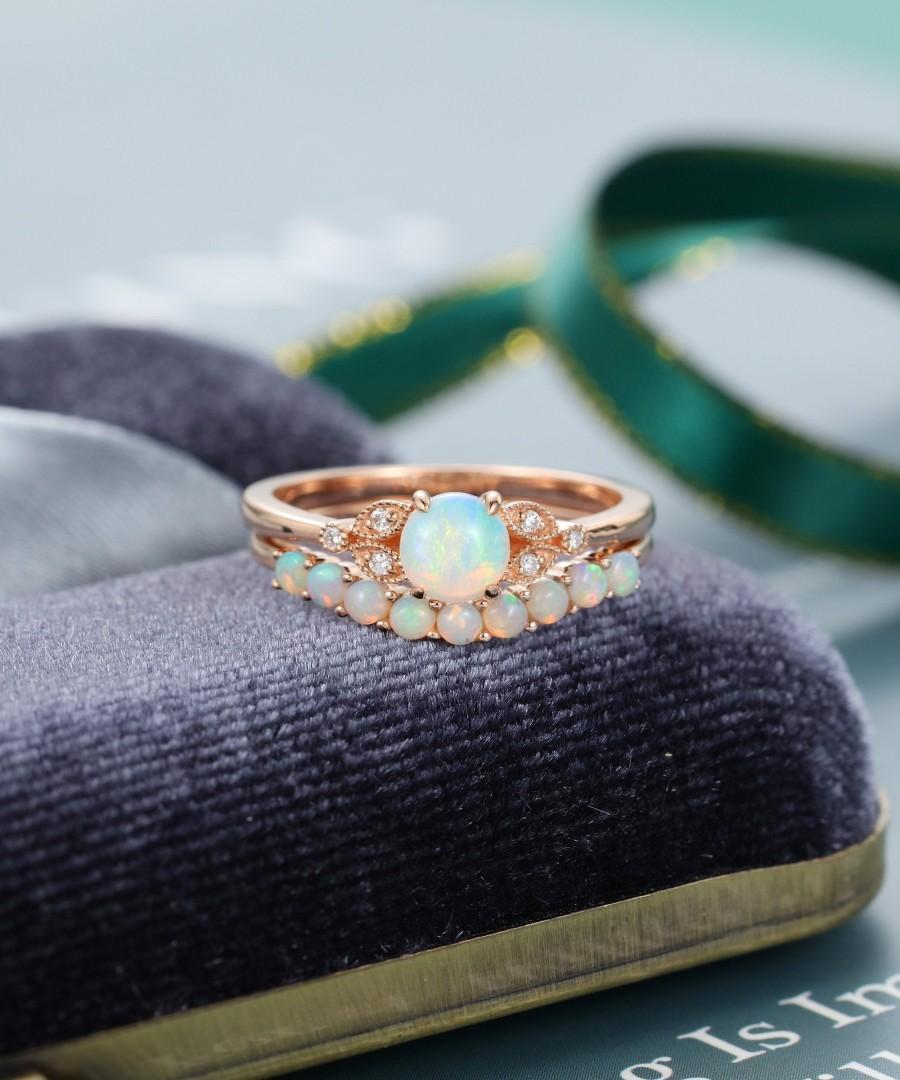 Wedding - Opal engagement ring set vintage engagement ring rose gold Cluster Diamond Promise Curved Opal wedding Bridal Anniversary gift for women