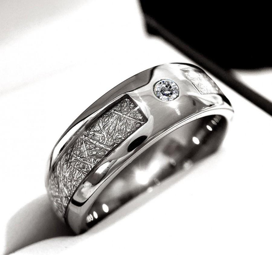 زفاف - Meteorite Inlay Tungsten Ring, White Diamond Stone Setting Ring, Wedding Ring, Meteorite Ring, Wedding Bands for Men and Women, Engagement 