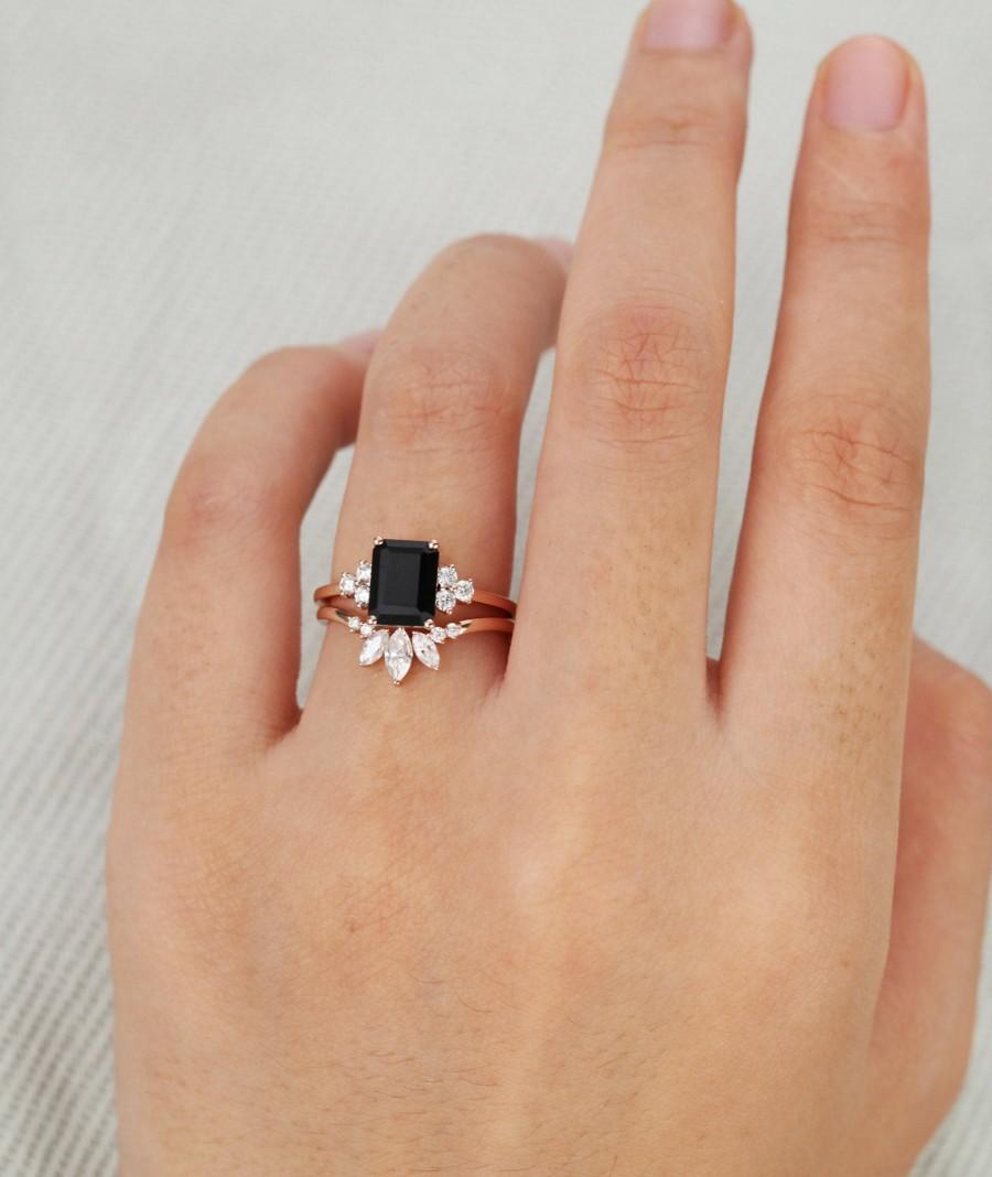 Mariage - 2PCS Emerald cut Black Onyx engagement ring set Solid 14K rose gold vintage for women art deco Moissanite wedding gifts for her anniversary