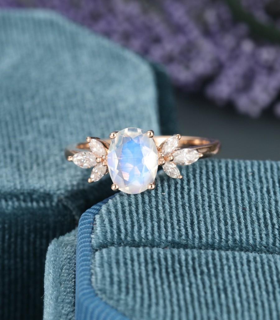 Wedding - Oval moonstone engagement ring vintage unique rose gold engagement ring for women Marquise diamond Moissanite ring Bridal Anniversary gift