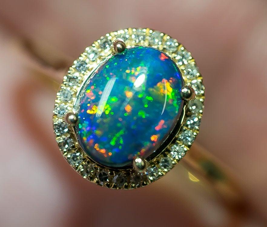 Wedding - Natural Solid Australian Rare Black Opal 10k Solid Yellow Gold Ring size 6.25 (by Black Opal World)