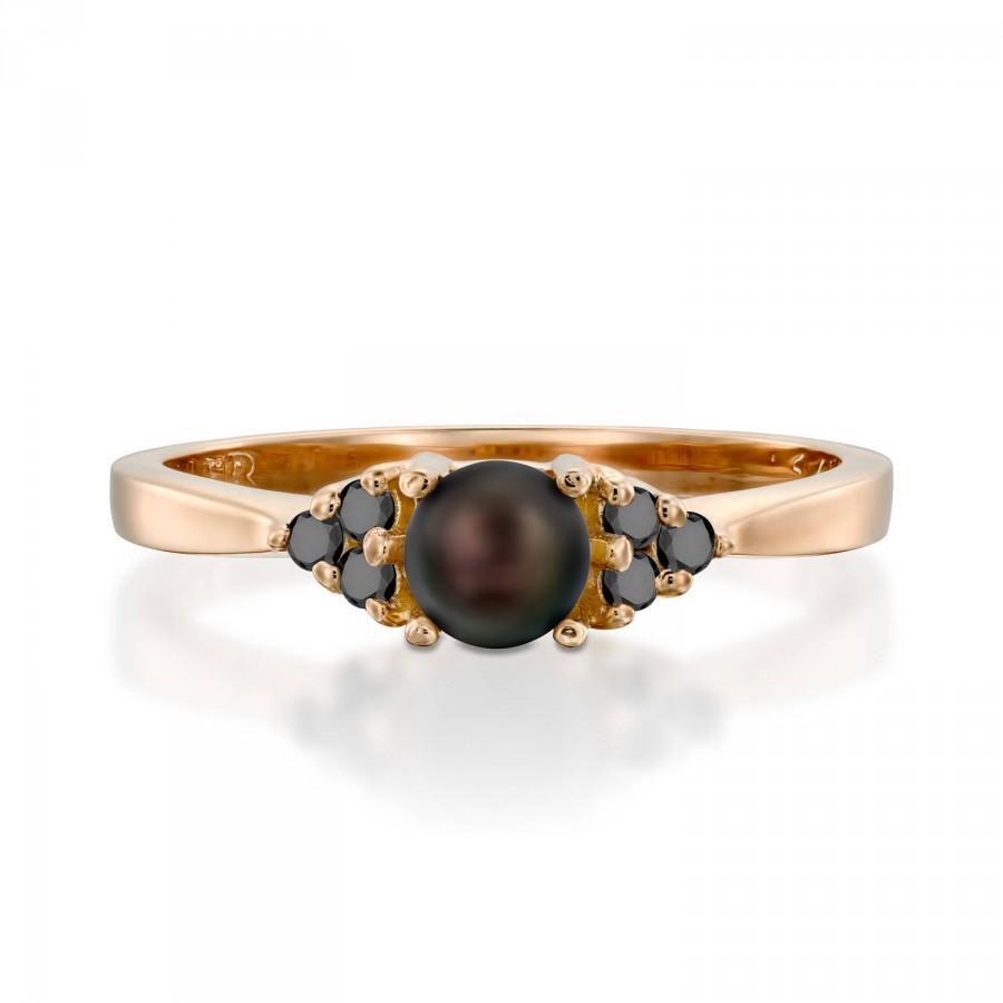 زفاف - Black Pearl Engagement Ring, black diamond ring, Rose Gold Engagement Ring, Pearl Wedding Ring, Vintage Style Ring, Freshwater Pearl Ring