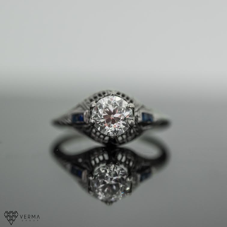 Mariage - Antique Art Deco GIA .93ct European Cut Diamond Engagement Ring with Sapphire Side Stones  VEG#249