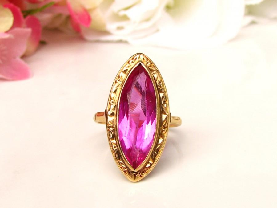 Wedding - Art Deco Pink Sapphire Alternative Engagement Ring Marquise Cut 7.08ct Synthetic Pink Sapphire Navette Ring 18K Gold Filigree Art Deco Ring