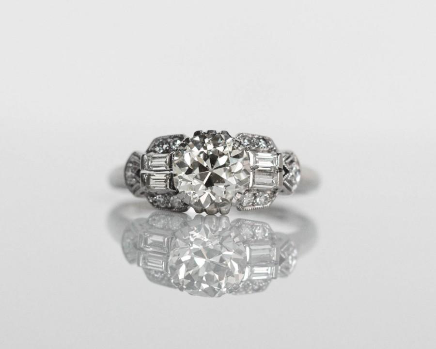 Wedding - Circa 1910 Art Deco Platinum 1.10ct Diamond with .25cttw Antique Cut Diamonds Engagement Ring - VEG#611