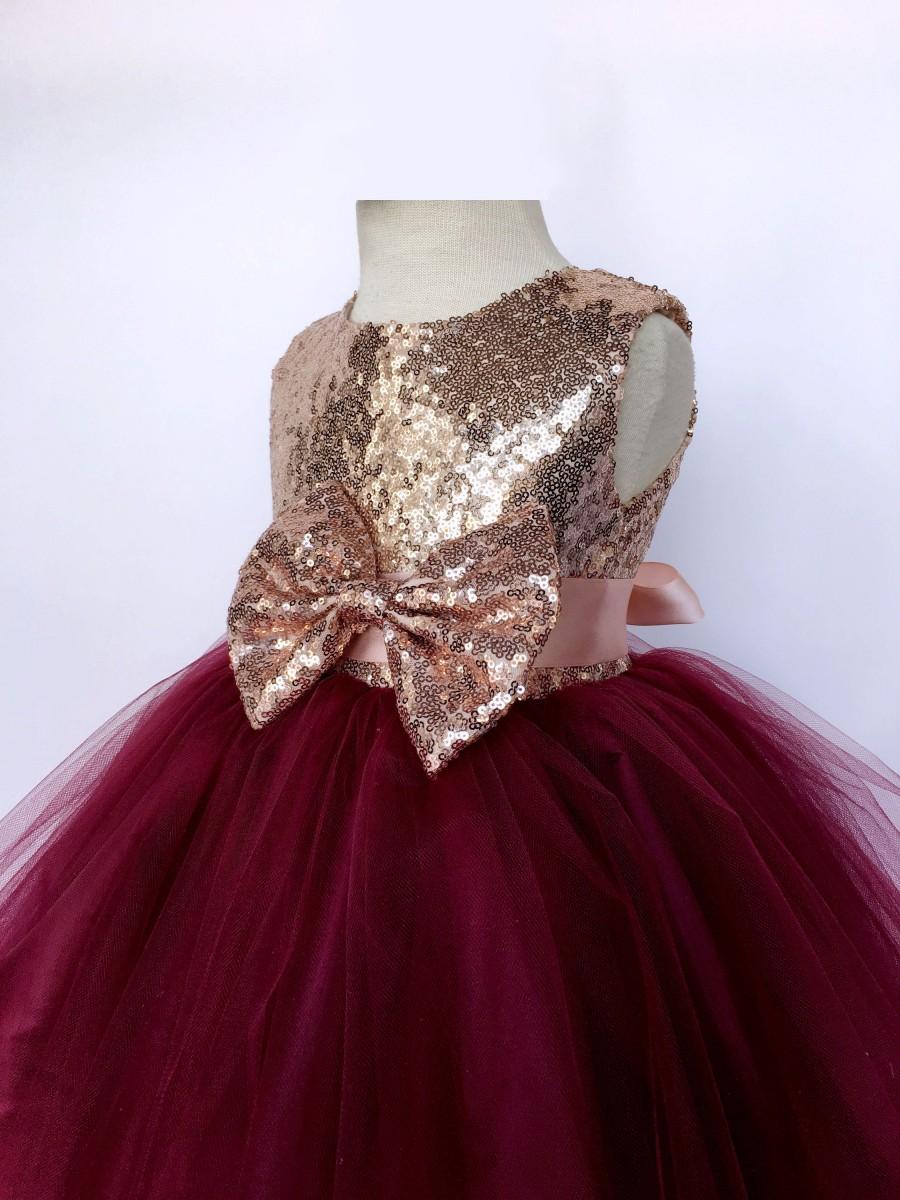Mariage - 2 Layer Burgundy Tulle Sequence Rose Gold Sleeveless Dress Photoshoot Prop Graduation Ceremony Wedding Flower Girl Toddler Junior Holiday