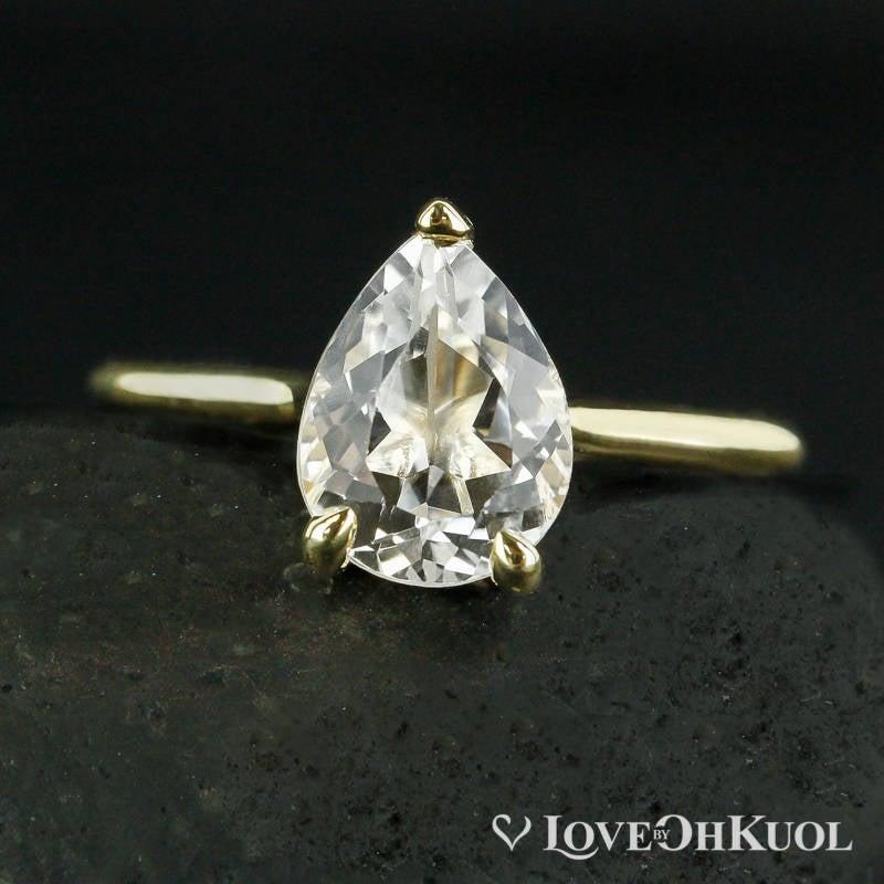 Wedding - Gold White Topaz Teardrop Ring - Modern Engagement Ring - Choose Your Setting