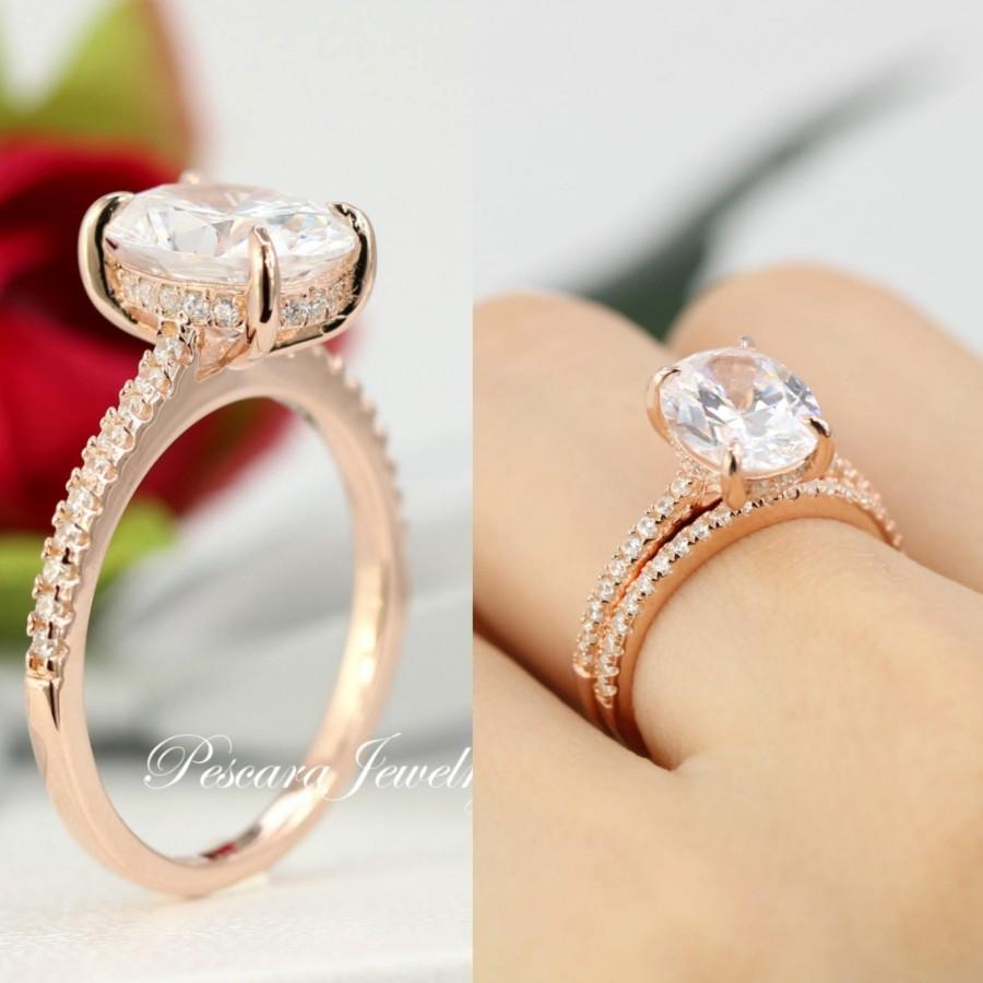 زفاف - 3.5ctw Rose Gold Engagement Ring Oval Solitaire Engagement Ring, 3 Carat Oval Ring, 3ct Promise Ring, Bridal Ring, Sterling Silver