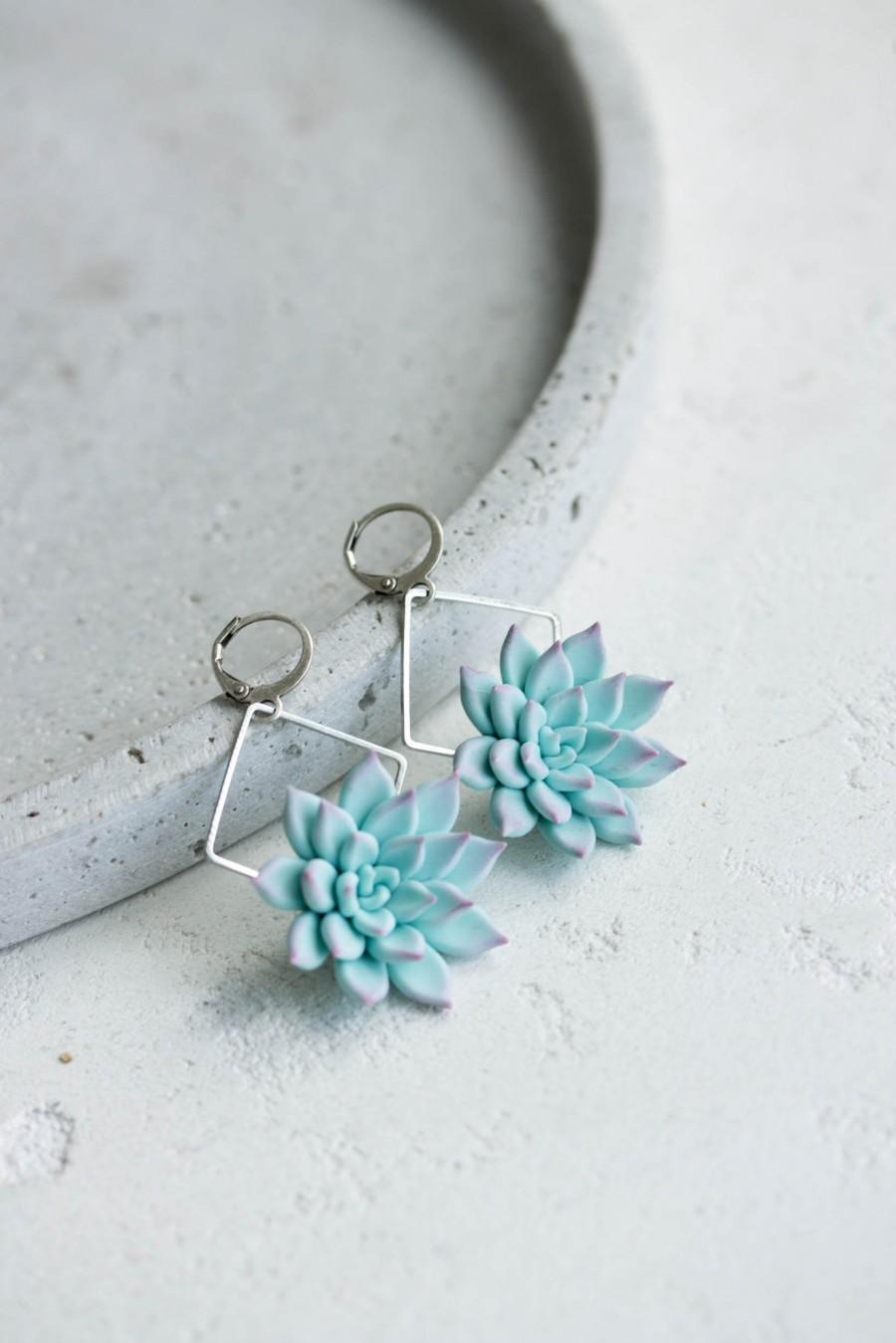 زفاف - Blue pink Succulent dangle earrings DE004
