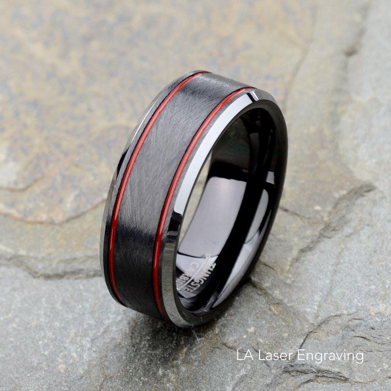 زفاف - Brushed Tungsten Wedding Band, Mens Wedding Ring, Polished Edge Tungsten Ring, 8mm Mens Wedding Band, Two Tone Mens Ring, Red Tungsten Ring