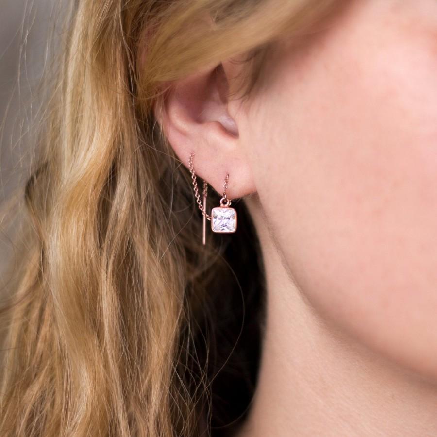 Mariage - Double Piercing Earrings, CZ Rose Gold Threaders, Geometric Minimalist Thread Through Earrings, Modern Bridesmaid Earrings, Gold Stone Drop
