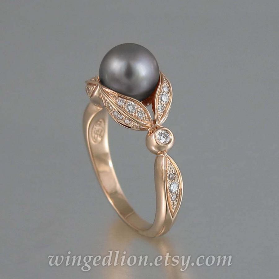 زفاف - AURORA 14K gold ring with diamonds and Gray Freshwater Pearl