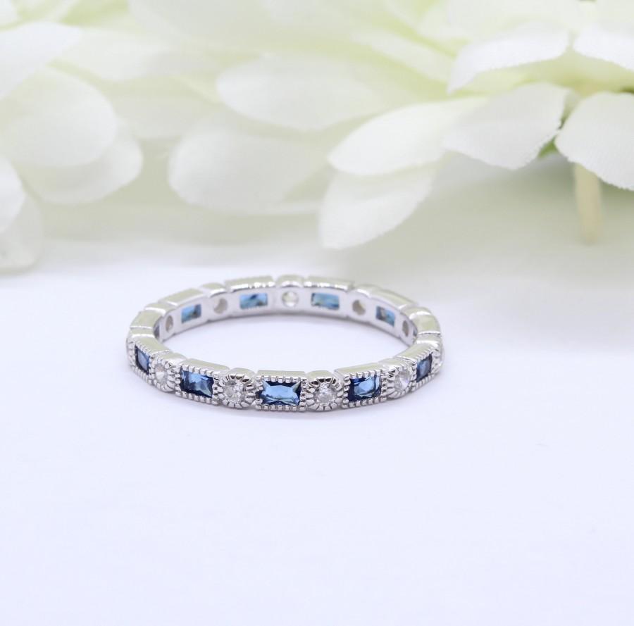 Hochzeit - 3mm Art Deco Band Ring Baguette Simulated Sapphire Round Diamond CZ Solid 925 Sterling Silver Eternity Band, Anniversary Wedding Alternating