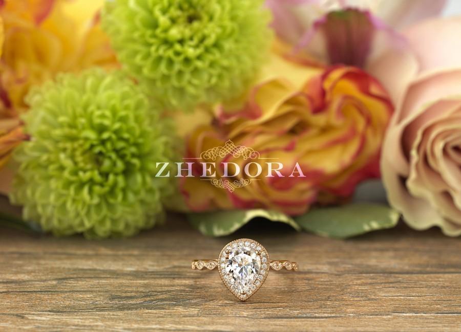 Свадьба - Pear Engagement Ring Art Deco Band in 14k/18k , Pear Shape Engagement Ring, Pear Cut Ring, Rose Gold Pear Moissanite Engagement Ring,Zhedora