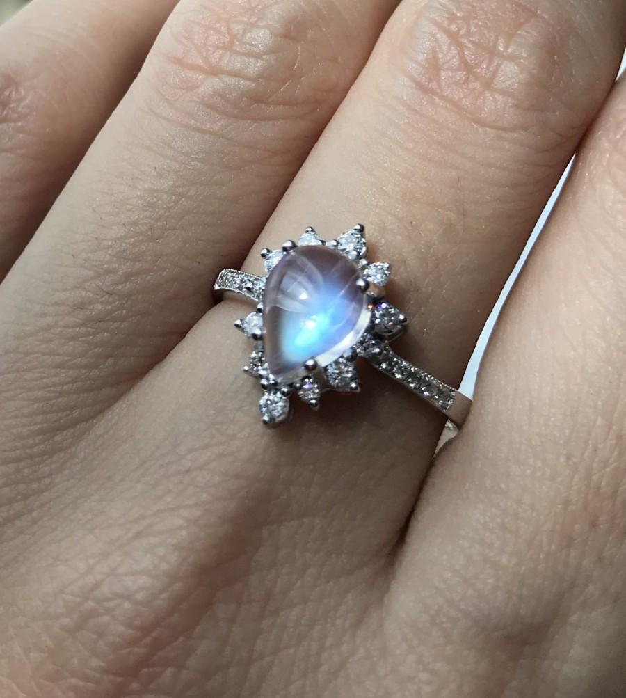 Wedding - 1.62ct Moonstone Celestial Teardrop Engagement Ring- Moonstone Diamond Halo Promise Ring- Cabochon Moonstone Gold Ring- Celestial Jewelry