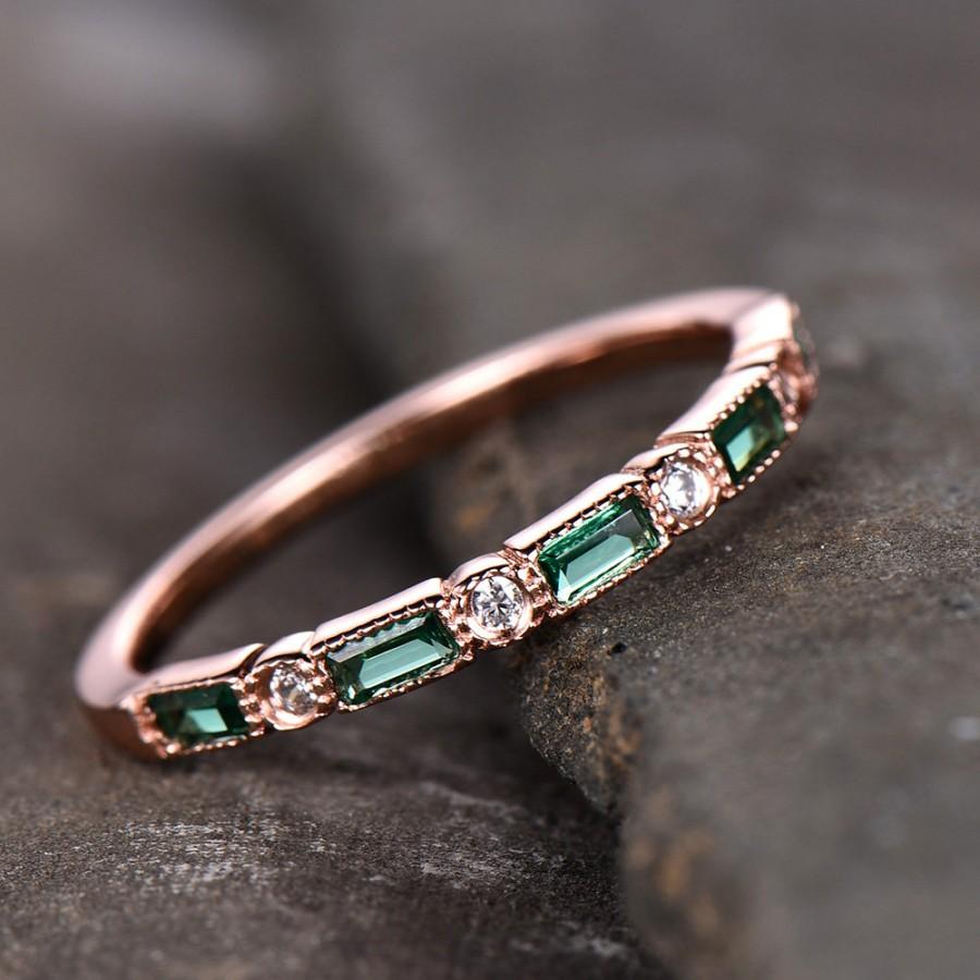 Wedding - Emerald Wedding Band Half Eternity Band Art Deco Stacking Wedding Ring Anniversary Ring Sterling Silver Rose Gold Plated Milgrain
