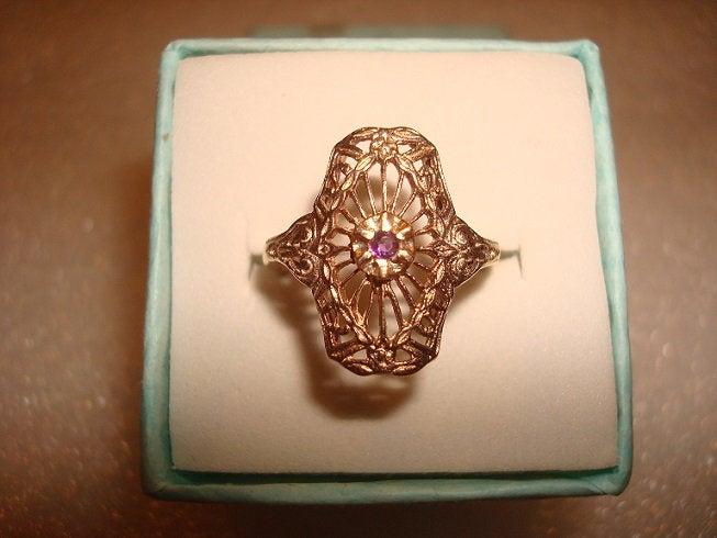 Wedding - Diamond Cut Genuine Amethyst 14K Rose Gold 925 Sterling Silver Victorian Style Open Filigree Ring Size 5