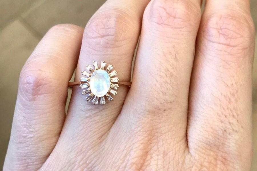 Wedding - Halo Moonstone Engagement Ring- Rose Gold Promise Ring- Rainbow Moonstone Anniverary Ring- June Birthstone Ring- Solitaire Moonstone Ring