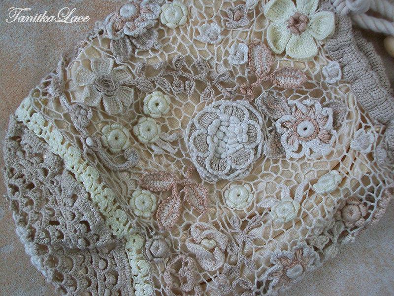 Hochzeit - Boho Pouch Bag Crocheted Lace handmade Irish Crochet cotton ivory ecru Summer Country Rustic Bridal Wedding