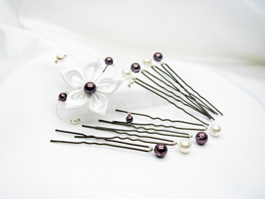 Mariage - Hair pins wedding hair pins flower, Bridal head piece, satin flower, swarovski pearls, customizable
