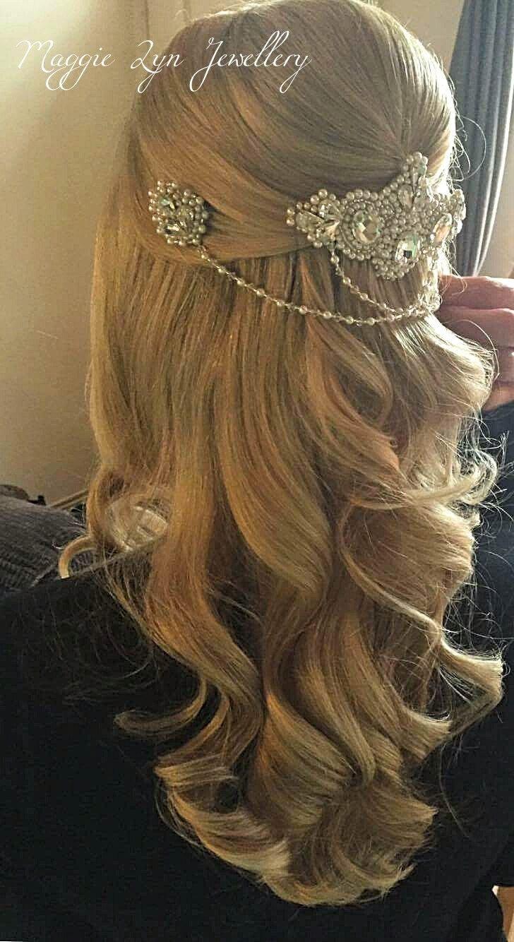 Hochzeit - Bridal headpiece adorned with Swarovski pearls & crystals, Wedding hair jewellery tripple hairpiece back drapes chains bride head hair piece
