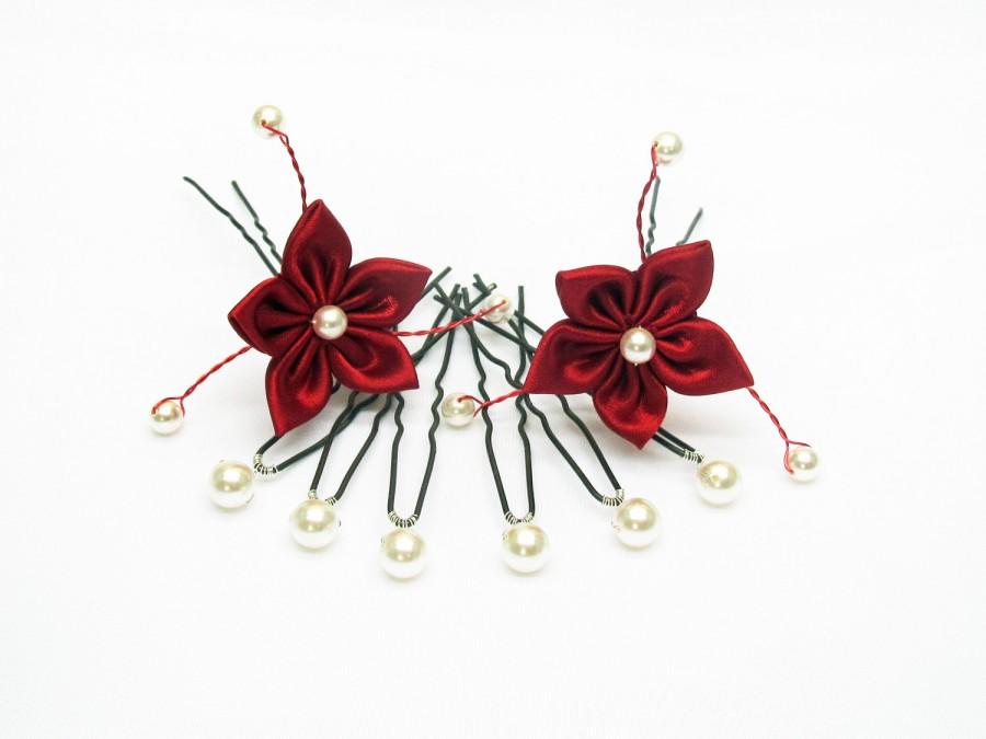 زفاف - Hair pins wedding hair pins flower, Bridal head piece, satin flower, swarovski pearls, customizable