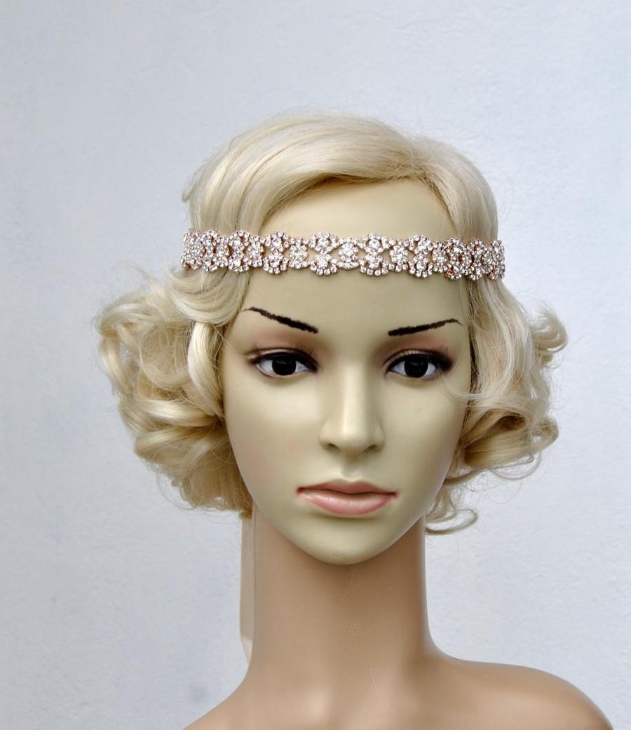 Hochzeit - Rose Gold Rhinestone Headband Bridal Wedding Rose Gold Crystal Headband Halo Bridal tie on ribbon Headband Headpiece, 1920s Flapper headband