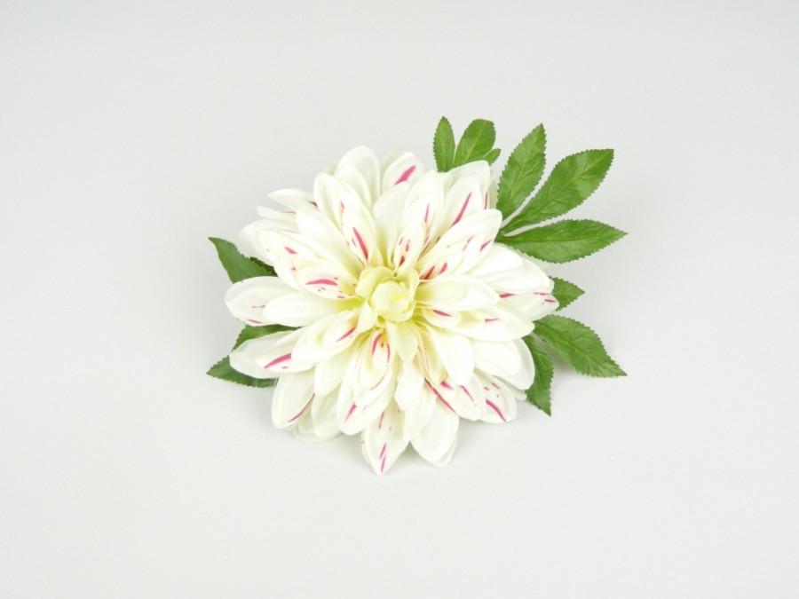 Свадьба - Headpiece Fascinator Hair Clip White and Pink Dahlia Silk Flower with Green Leaves Flower Crown Spring Summer Floral Headwear Wedding Bridal