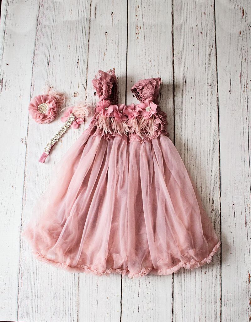 زفاف - Rustic Lace Mauve Flower Girl Dress & Headband, Country Style Flower Dress, Girls 1st Birthday Dress, Toddler Tulle Wedding Dress, Gift