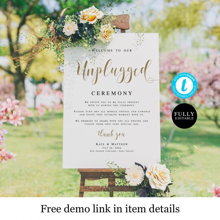 Mariage - Unplugged Ceremony Sign Template, No Pictures, No Photos Please, Wedding Welcome Sign, Downloadable, Templett, Poster, Elegant, Gold #vmt120