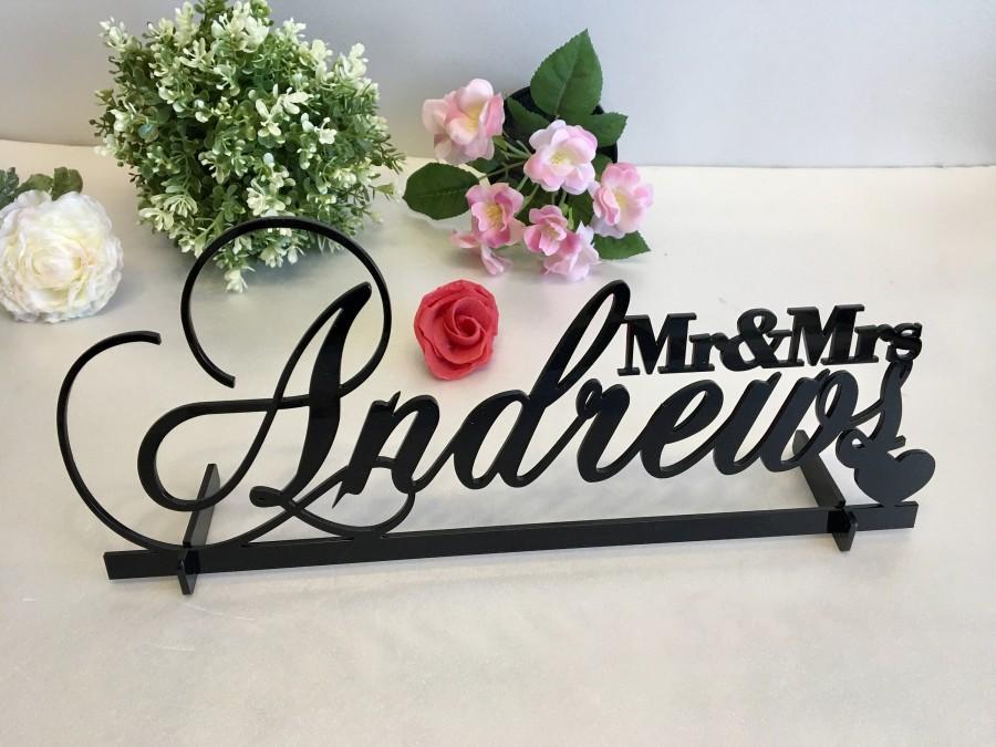 Mariage - Mr and Mrs Wedding Table Sign & Heart Personalized Last Name Wedding Centerpieces Surname Sweetheart Table Reception Decor Gold Mirror Wood