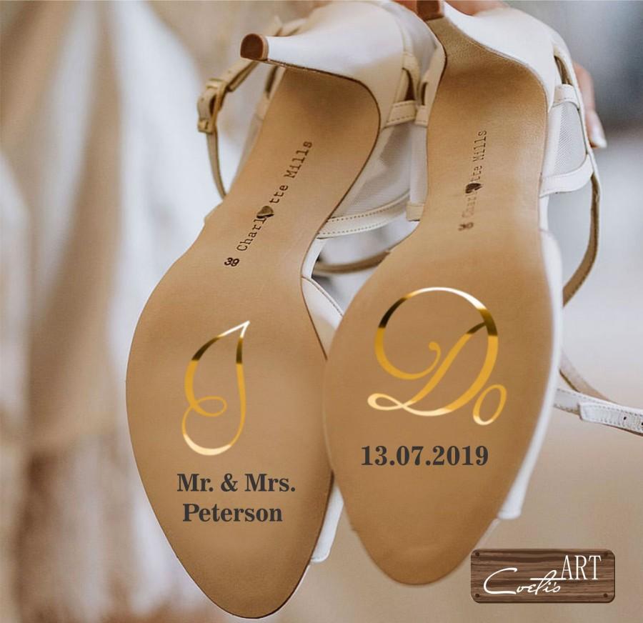 Свадьба - Custom Personalized Chrome Gold Or Silver I Do Mirror Bride Groom Shoe Stickers Wedding Marriage Vinyl Mr & Mrs Name Date WD29