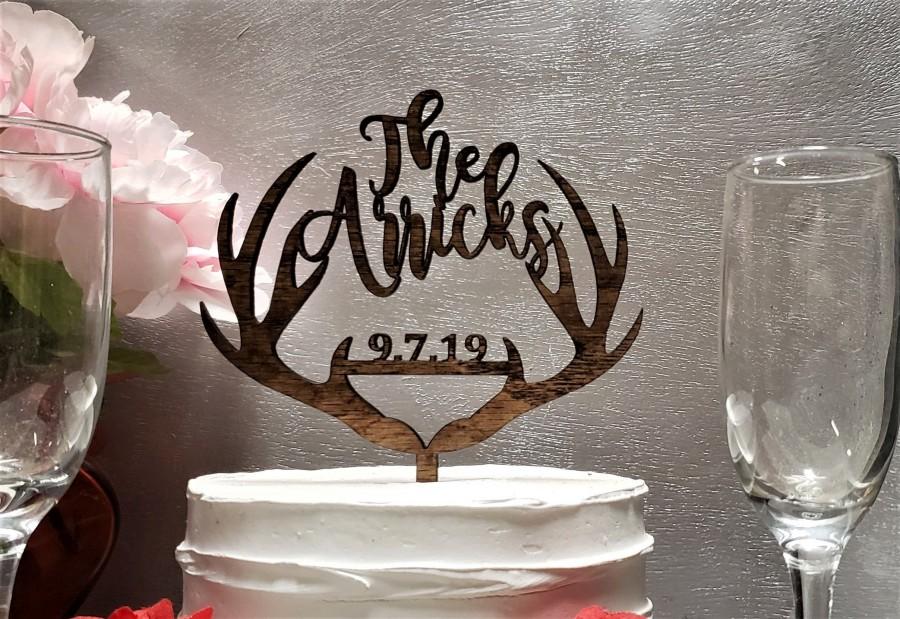 Hochzeit - Personalized Antler Wedding Cake Topper, Script Name Wedding Cake Topper, Rustic Wedding Cake Topper, Country Wedding Cake Topper