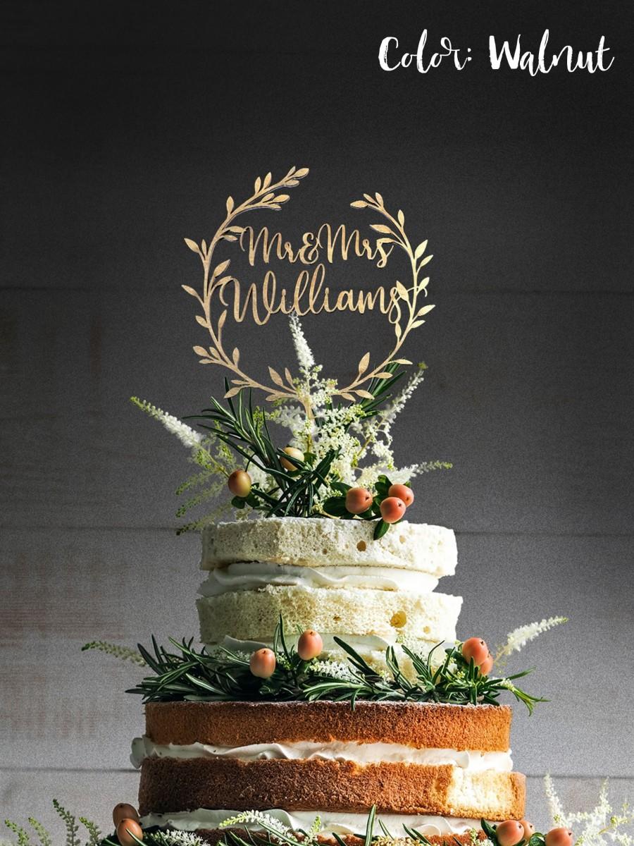 Hochzeit - Personalized Wedding Cake Topper With Rustic  Wreath,  Personalized Surname Wedding Cake Topper, Rustic Wreath Cake Topper Wedding