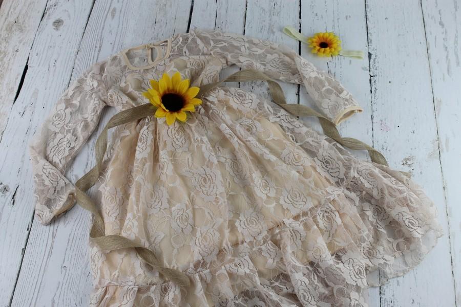 Hochzeit - Champagne Flower Girl Dress Sunflower Flower Girl Dress Long Sleeve Rustic Flower Girl Sunflower Sash Winter Wedding