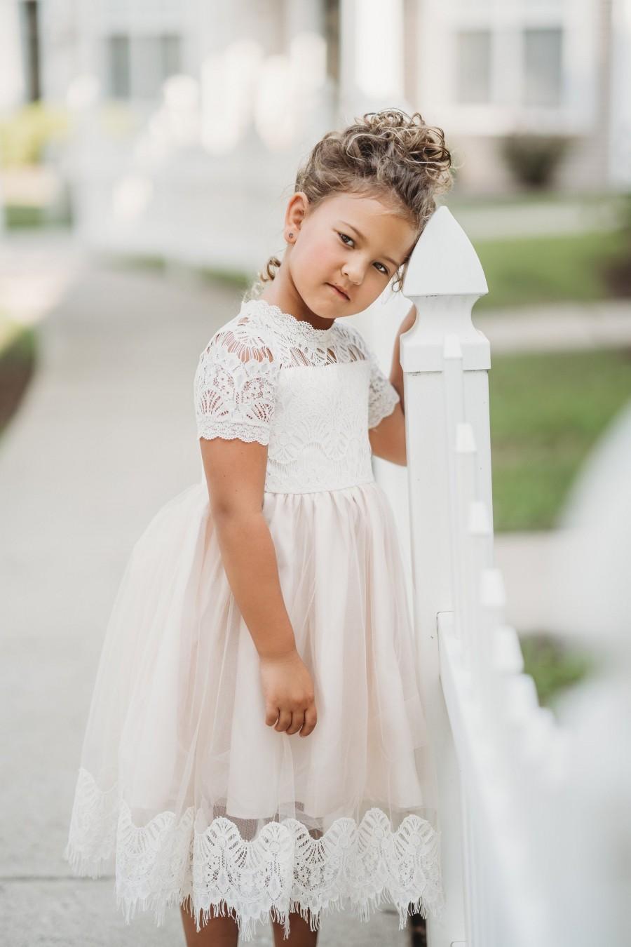 Wedding - tulle flower girl dress, rustic lace flower girl dresses, short sleeve flower girl dresses, boho flower girl dress, ivory flower girl dress