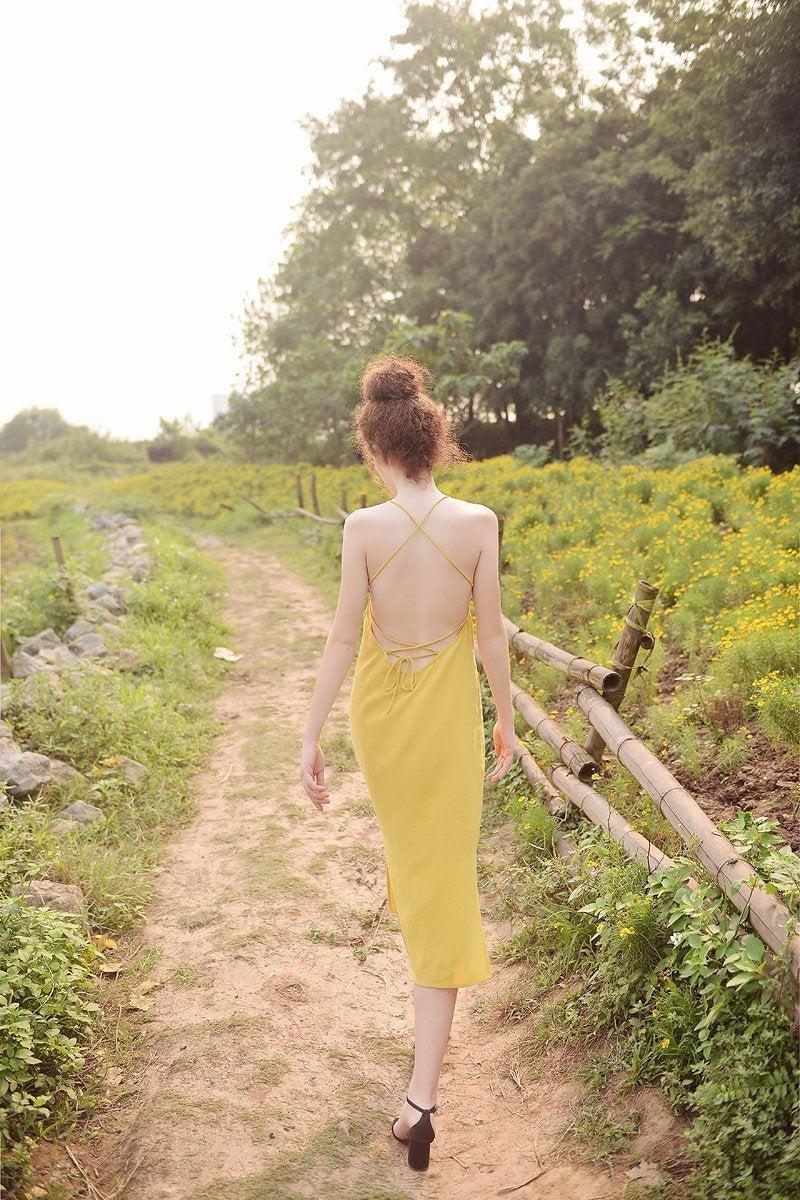 Wedding - Lowback Cotton Dress/ Midi Cotton Dress/ Mustard Gold Dress/ Crossed Back Slip/ Cotton Slip/ Natural Fabric