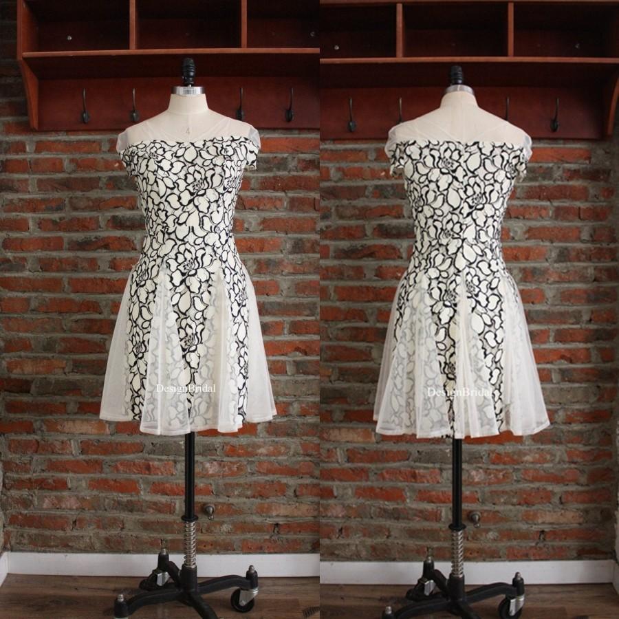 Hochzeit - Short Party Dresses, Party Gowns for Ladies, Jacquard Lace Dress, Black and White Dress, Tulle Skirts