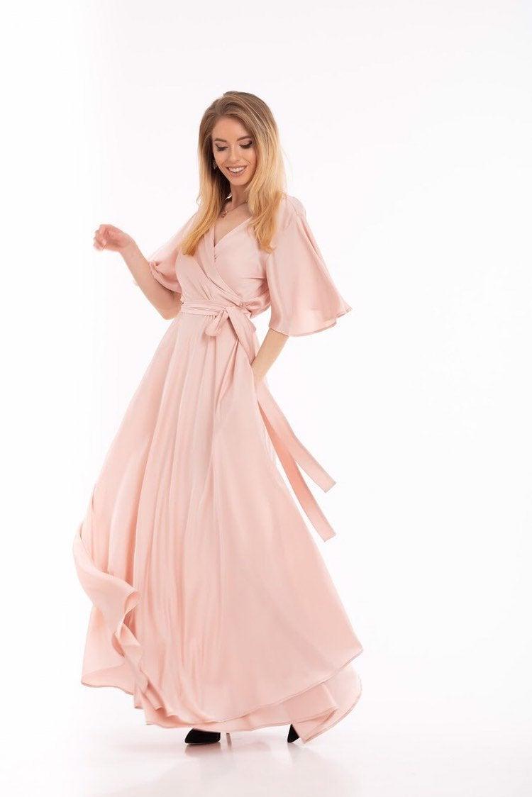 Wedding - Pink Party Dress, Flutter Sleeve Dress, Boho Gown, Bridesmaid Long Dress, Elegant Women Dress, Infinity Dress, Maternity Wrap Dress, #019