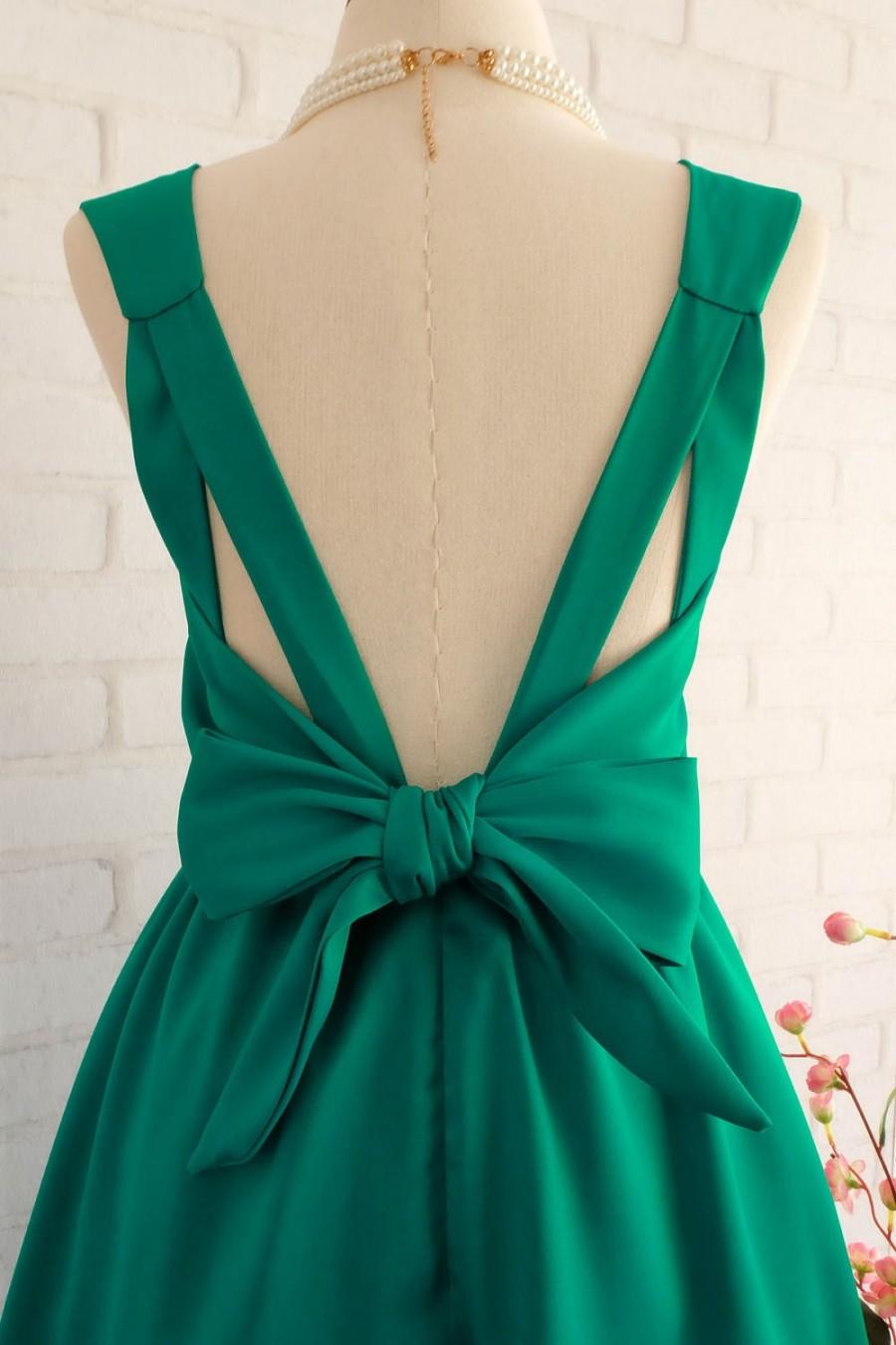 Mariage - Emerald Green dress green Bridesmaid dress Wedding Prom dress Cocktail Party dress Evening dress Backless bow dress