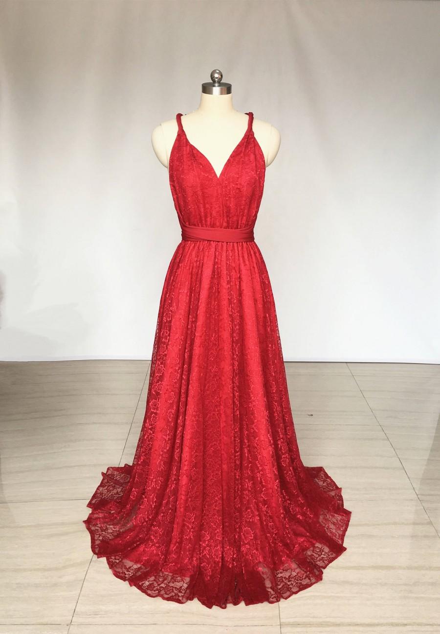 زفاف - Spaghetti Straps Light Burgundy Lace Long Convertible Bridesmaid Dress